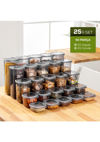 25'li Etiketli Hava Geçirmez Erzak ve Baharat Saklama Kabı Seti Antrasit