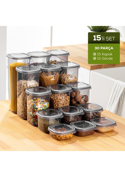 15'li Etiketli Hava Geçirmez Erzak ve Baharat Saklama Kabı Seti Antrasit