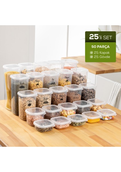 25'li Etiketli Hava Geçirmez Erzak ve Baharat Saklama Kabı Seti Beyaz