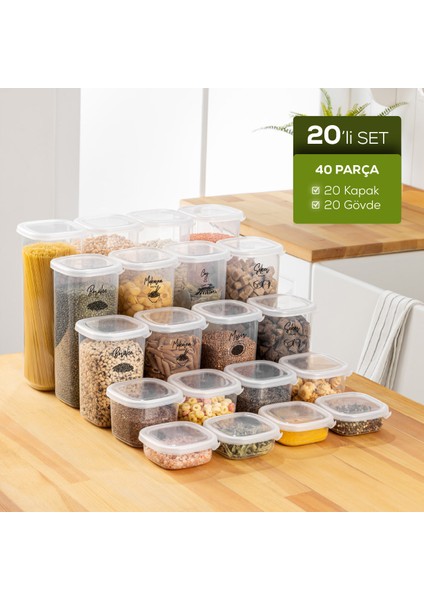 20'li Etiketli Hava Geçirmez Erzak ve Baharat Saklama Kabı Seti Beyaz