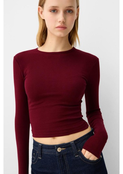 Bordo Bisiklet Yaka Basic Ultra Soft Pamuk Uzun Kol Body