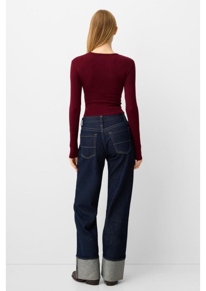 Bordo Bisiklet Yaka Basic Ultra Soft Pamuk Uzun Kol Body
