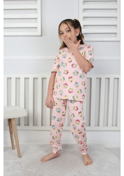 Isob Pembe Cup Cake Desenli %100 Pamuk Kız Çocuk Kısa Kollu Pijama Takımı 3-8 Yaş 41207-P
