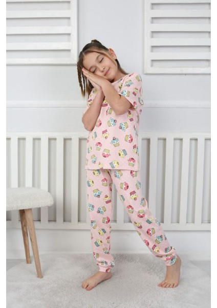 Isob Pembe Cup Cake Desenli %100 Pamuk Kız Çocuk Kısa Kollu Pijama Takımı 3-8 Yaş 41207-P