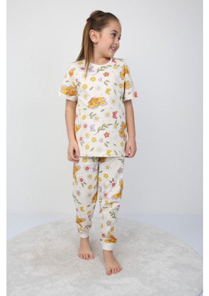 Isob Ekru Kelebek Desenli %100 Pamuk Kız Çocuk Kısa Kollu Pijama Takımı 3-8 Yaş 21208-E