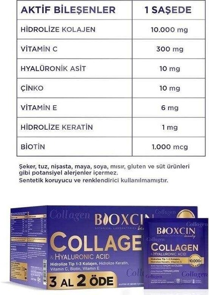 Collagen Hyaluronic Acid Hidrolize Tip 1-3 Kolajen 90 Saşe (3 Al 2 Öde)