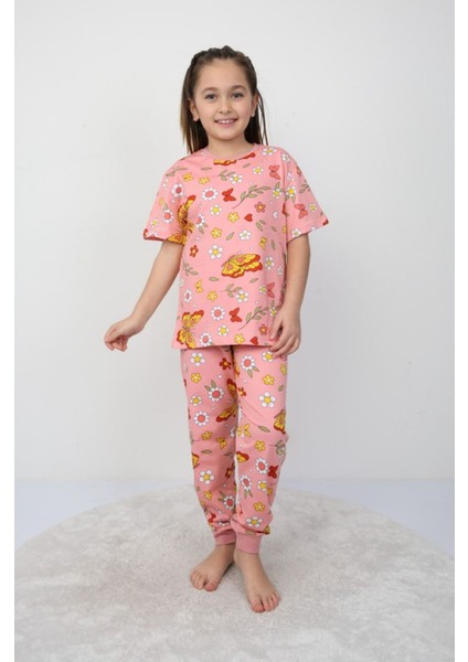 Isob Pembe Kelebek Desenli %100 Pamuk Kız Çocuk Kısa Kollu Pijama Takımı 3-8 Yaş 21208-P