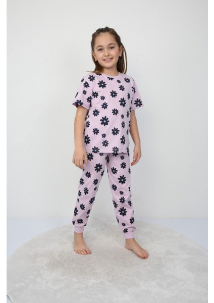 Isob Lila Çiçek Desenli %100 Pamuk Kız Çocuk Kısa Kollu Pijama Takımı 3-8 Yaş 21209-L