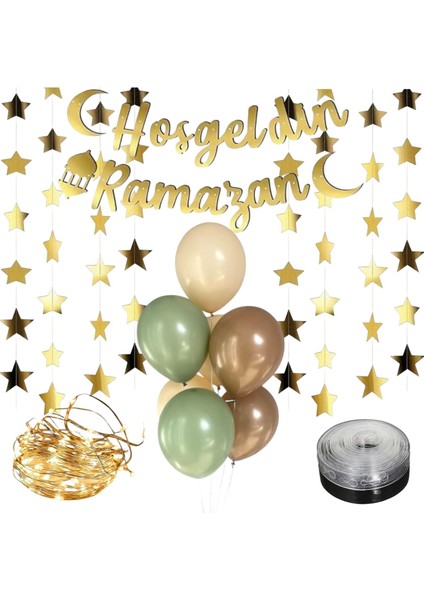 Hoşgeldin Ramazan Süsleme Seti Banner, Yıldızlar, Led, Balon Zinciri