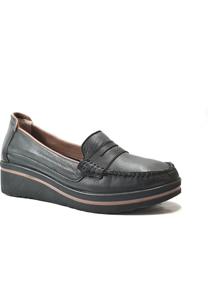 23BK.01 Deri Siyah Ortopedik Loafer Günlük Kadın Ayakkabı