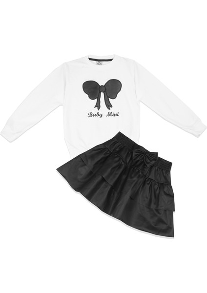 Kız Çocuk Fırfırlı Siyah Deri Etek ve Uzun Kollu Sweatshirt Takım Günlük ve Özel Gün Kombini 2'li Alt Üst Takım