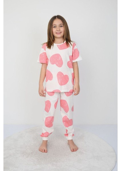 Isob Pembe Kalp Desenli %100 Pamuk Kız Çocuk Kısa Kollu Pijama Takımı 3-8 Yaş 41202-P fiyatları