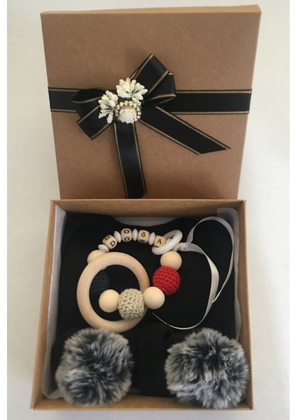 Hoşgeldin Bebek, Unisex,yenidoğan Bebek, Siyah Badi Isimli Diş Kaşıyıcı Hediye Seti