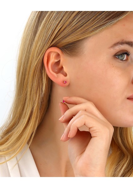 Ruby Renkli Taşlı Gümüş Tektaş Küpe fiyatları