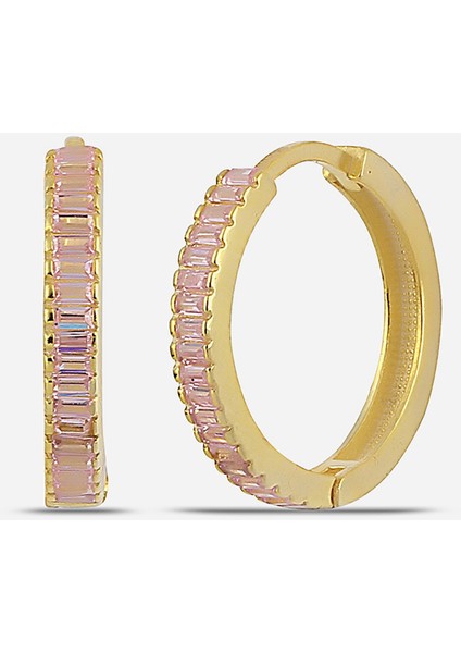 Pembe Quartz Renkli Baget Taşlı Gümüş Küpe