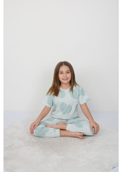 Isob Yeşil Kalp Desenli %100 Pamuk Kız Çocuk Kısa Kollu Pijama Takımı 3-8 Yaş 41202-Y