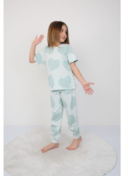 Isob Yeşil Kalp Desenli %100 Pamuk Kız Çocuk Kısa Kollu Pijama Takımı 3-8 Yaş 41202-Y fiyatları