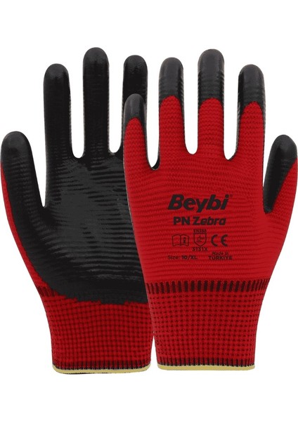Pn Zebra Polyester Örme Nitril Eldiven Kırmızı