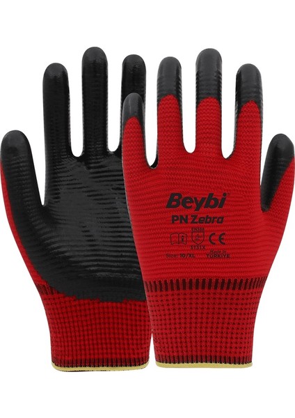 Pn Zebra Polyester Örme Nitril Eldiven Kırmızı
