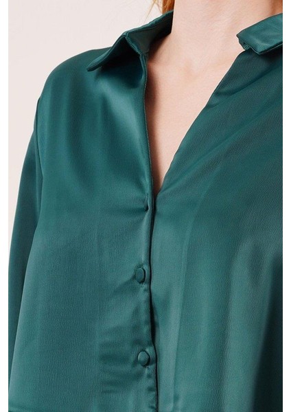 Saten Crop Model Yeşil Gömlek