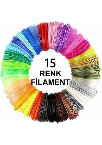 3D Kalem Filament – 60 Metre | 15 Renk (Her Biri 4 Metre) – PLA Malzeme | Hobi ve Eğitim Uyumlu