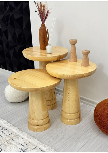 Doğal Ahşap 3'lü Set Mantar Yan Sehpa Modern Fiskos Zigon Çiçeklik fiyatları