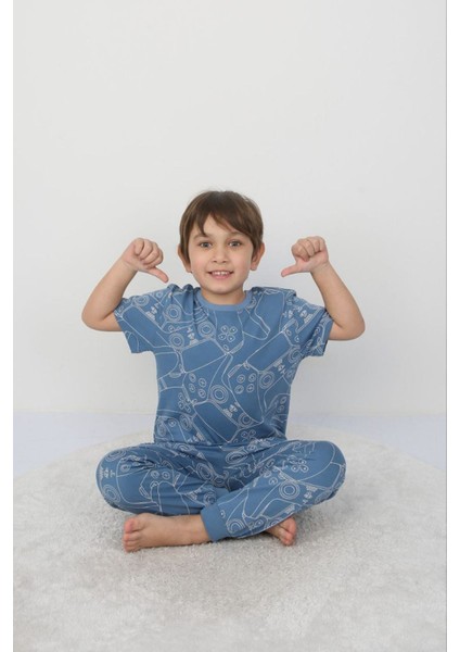 Isob Mavi Atary Desenli %100 Pamuk Erkek Çocuk Kısa Kollu Pijama Takımı 8-13 Yaş 41502-M
