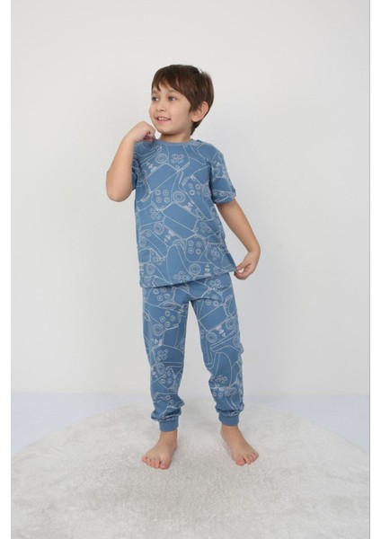 Isob Mavi Atary Desenli %100 Pamuk Erkek Çocuk Kısa Kollu Pijama Takımı 8-13 Yaş 41502-M