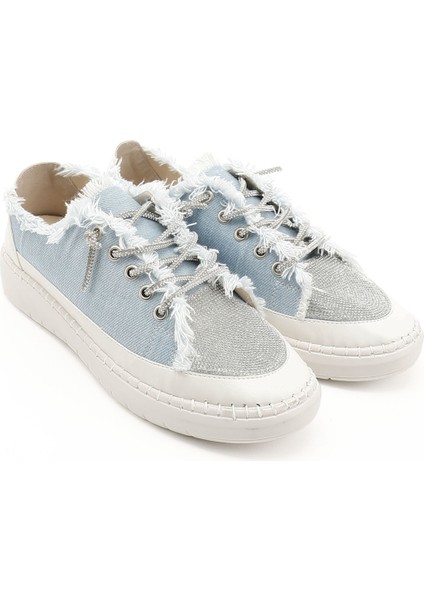 Kadın Mavi Kot Triko Taşlı Comfort Dolgu Taban Sneaker