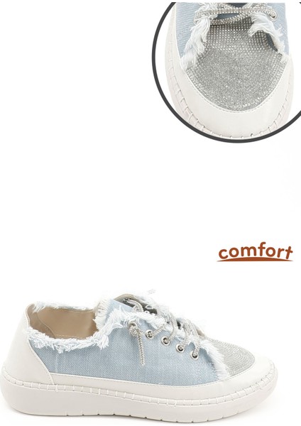 Kadın Mavi Kot Triko Taşlı Comfort Dolgu Taban Sneaker
