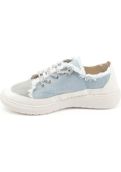 Kadın Mavi Kot Triko Taşlı Comfort Dolgu Taban Sneaker