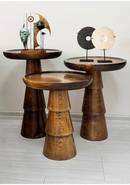 Doğal Ahşap 3'lü Set Mantar Yan Sehpa Modern Ceviz Renk Fiskos Zigon Çiçeklik