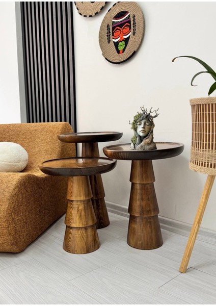 Doğal Ahşap 3'lü Set Mantar Yan Sehpa Modern Ceviz Renk Fiskos Zigon Çiçeklik fiyatları