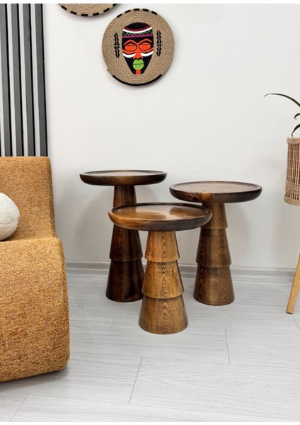 Doğal Ahşap 3'lü Set Mantar Yan Sehpa Modern Ceviz Renk Fiskos Zigon Çiçeklik modelleri