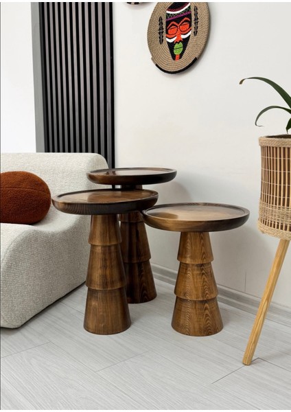 Doğal Ahşap 3'lü Set Mantar Yan Sehpa Modern Ceviz Renk Fiskos Zigon Çiçeklik fırsatları