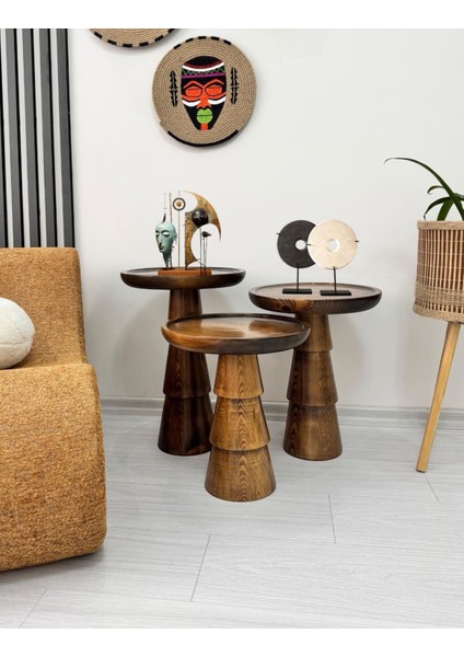 Doğal Ahşap 3'lü Set Mantar Yan Sehpa Modern Ceviz Renk Fiskos Zigon Çiçeklik indirimleri
