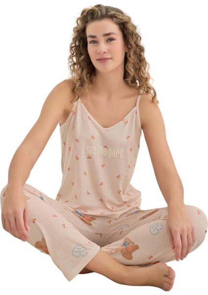 Likralı Penye Süprem Ip Askılı Altı Uzun Kadın Pijama Takımı