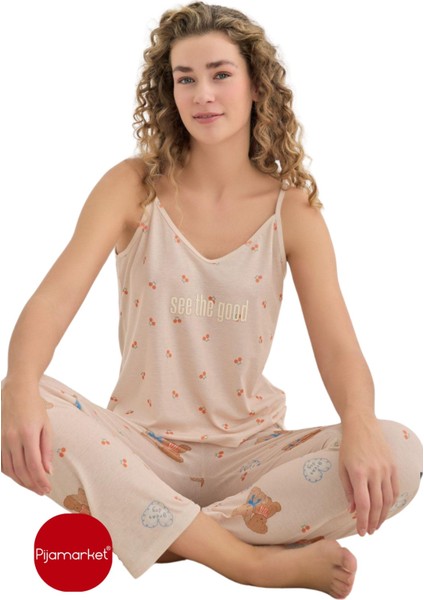 Likralı Penye Süprem Ip Askılı Altı Uzun Kadın Pijama Takımı