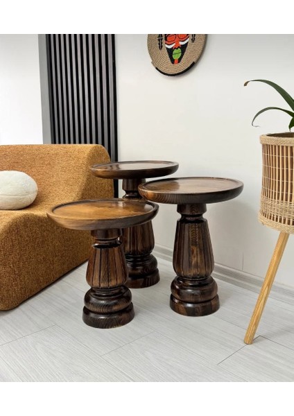 Doğal Ahşap 3'lü Set Mantar Yan Sehpa Modern Ceviz Renk Fiskos Zigon Çiçeklik modelleri