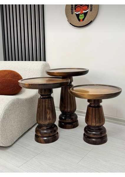 Doğal Ahşap 3'lü Set Mantar Yan Sehpa Modern Ceviz Renk Fiskos Zigon Çiçeklik fırsatları