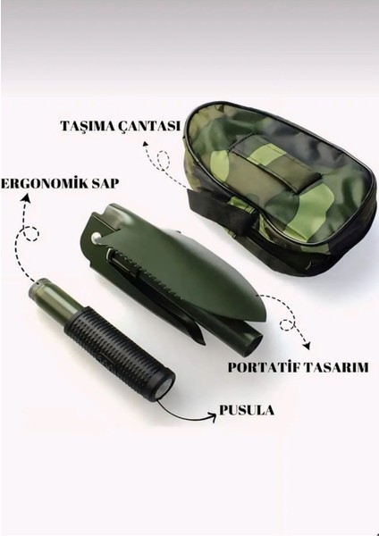 Pusulalı Katlanır Portatif Kazma Kürek Seti Çok Fonksiyonlu Katlanabilir Kamp Küreği Seti fırsatları