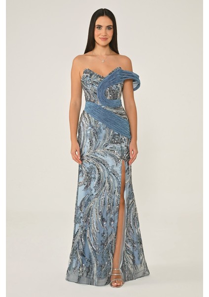 Kadınabiye Tek Omuz Yandan Yırtmaçlı Payetuzun Elbise