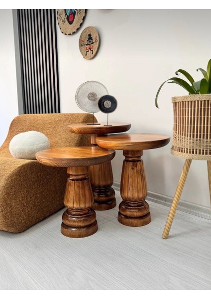 Doğal Ahşap 3'lü Set Mantar Yan Sehpa Modern Açık Ceviz Fiskos Zigon Çiçeklik fiyatları