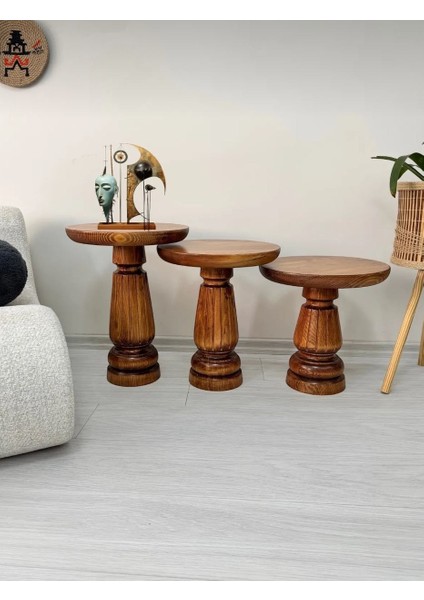 Doğal Ahşap 3'lü Set Mantar Yan Sehpa Modern Açık Ceviz Fiskos Zigon Çiçeklik modelleri