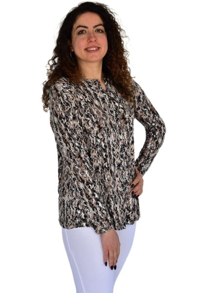 Kadın Batik Baskılı Düğmeli Viscon Bluz BGL-ST04269