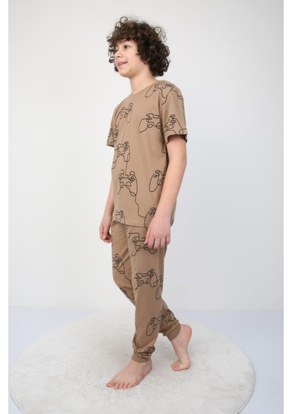 Isob Kahverengi Atary Desenli %100 Pamuk Erkek Çocuk Kısa Kollu Pijama Takımı 8-13 Yaş 41501-K