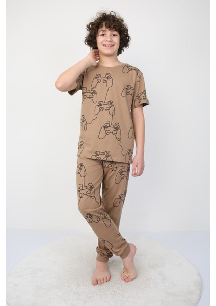 Isob Kahverengi Atary Desenli %100 Pamuk Erkek Çocuk Kısa Kollu Pijama Takımı 8-13 Yaş 41501-K fiyatları