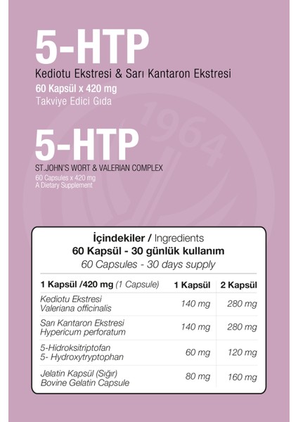 5-Htp 5 Hydroxytryptophan Bitkisel Karışım 60 Kapsül X 350mg