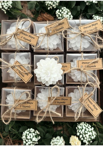 10 Adet Süslemeli Lotus Mum, Kraft Kutulu Söz, Nişan, Düğün, Kına, Doğum Günü Hediyelik
