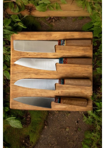 4'lü El Yapımı, Şef Bıçağı Seti Nakiri,kiritsuke,gyuto,santoku Japon Modelleri Ahşap Sap,epoksi Önlü